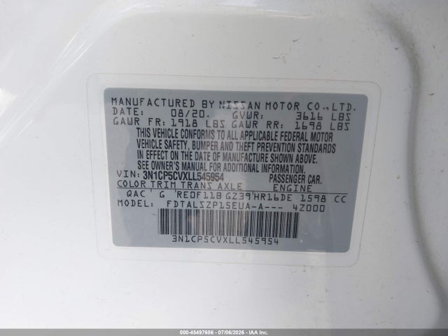 2020 Nissan Kicks Sv Xtronic Cvt მანქანა იყიდება აუქციონზე, vin: 3N1CP5CVXLL545954, აუქციონის ნომერი: 45497686