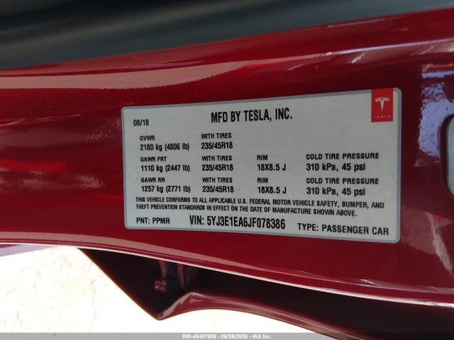 Tesla Model 3 Long Range/mid Range 2018 5YJ3E1EA6JF078386 Image 9