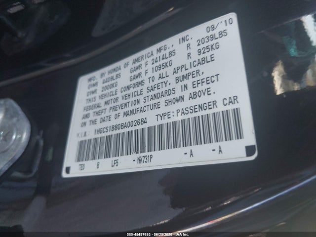 Aukcja sprzedaży 2011 Honda Accord 2.4 Ex-l, vin: 1HGCS1B80BA002684, numer aukcji: 45497693