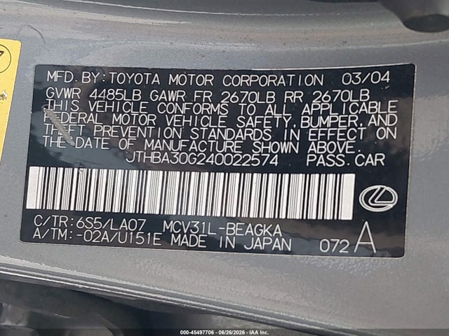Auction sale of the 2004 Lexus Es 330, vin: JTHBA30G240022574, lot number: 45497706