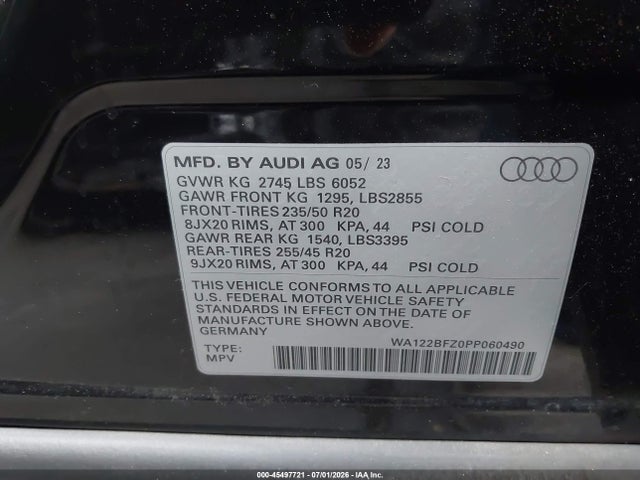 Aukcja sprzedaży 2023 Audi Q4 Sportback E-tron Premium 50 Quattro, vin: WA122BFZ0PP060490, numer aukcji: 45497721