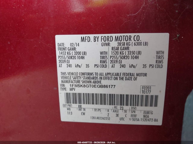 45497723 :رقم المزاد ، 1FM5K8GT0EGB86177 vin ، 2014 Ford Explorer Sport مزاد بيع