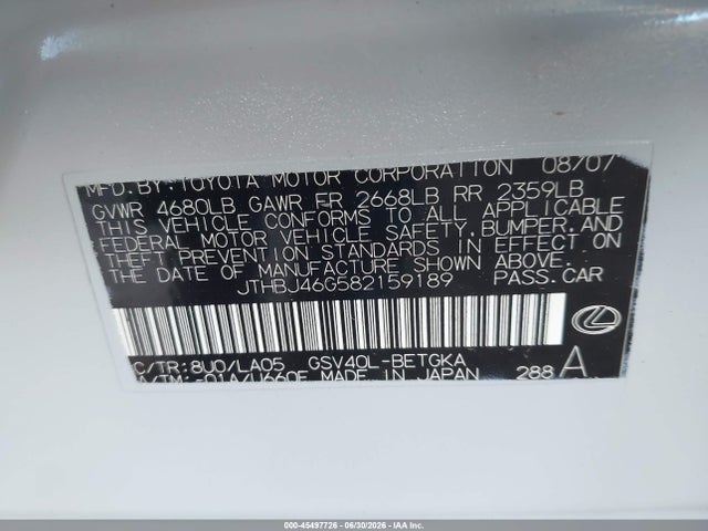 Продажа на аукционе авто 2008 Lexus Es 350, vin: JTHBJ46G582159189, номер лота: 45497726