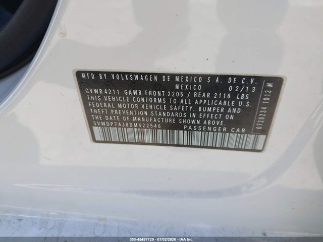 Продаж на аукціоні авто 2013 Volkswagen Jetta 2.5l Se, vin: 3VWDP7AJ8DM422546, номер лоту: 45497729