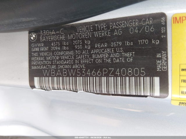 2006 Bmw 330ci მანქანა იყიდება აუქციონზე, vin: WBABW53466PZ40805, აუქციონის ნომერი: 45497731