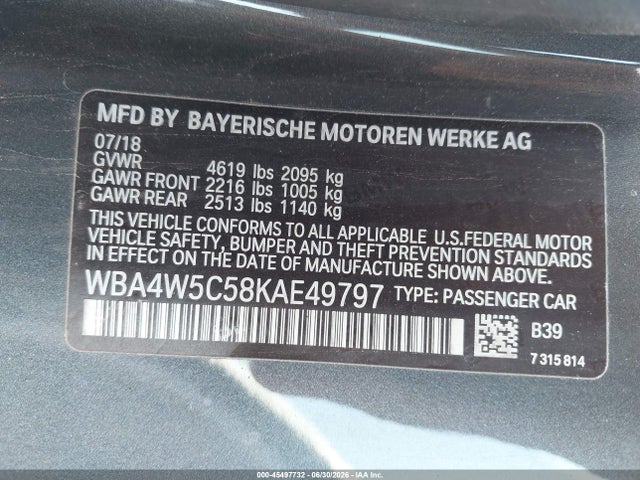 Aukcja sprzedaży 2019 Bmw 430i Xdrive, vin: WBA4W5C58KAE49797, numer aukcji: 45497732