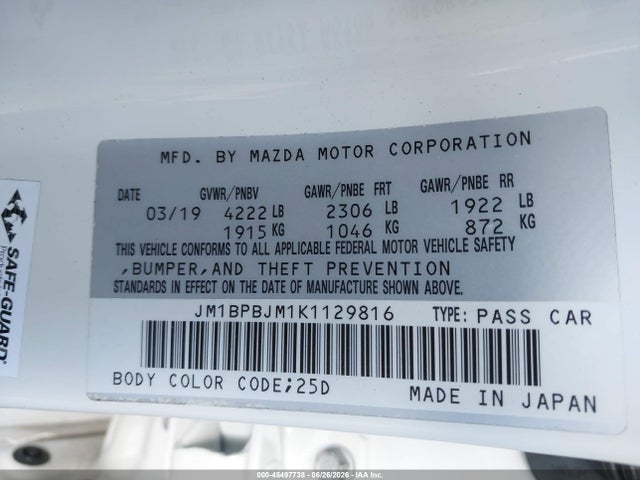 Aukcja sprzedaży 2019 Mazda Mazda3, vin: JM1BPBJM1K1129816, numer aukcji: 45497738