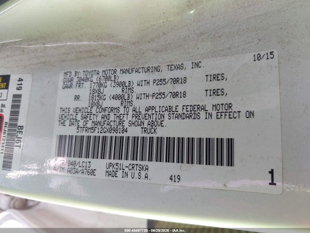 5TFRM5F12GX098104 Toyota Tundra Sr 4.6l V8