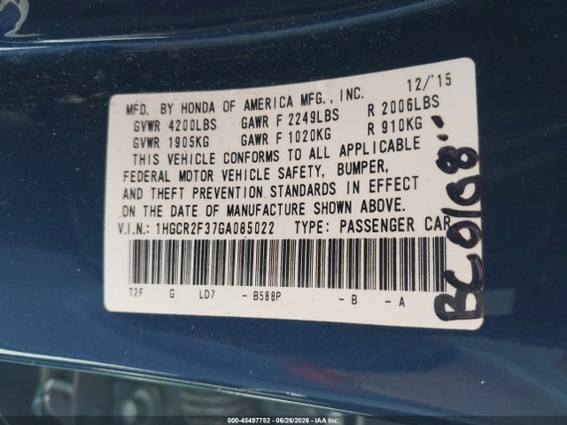 1HGCR2F37GA085022 Honda ACCORD LX