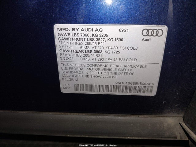 Продаж на аукціоні авто 2022 Audi E-tron Premium Plus Quattro, vin: WA1LABGE6NB007418, номер лоту: 45497767