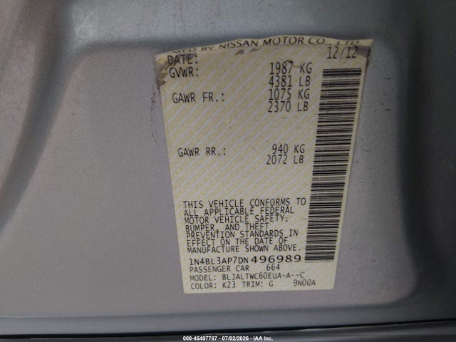 45497787 :رقم المزاد ، 1N4BL3AP7DN496989 vin ، 2013 Nissan Altima 3.5 Sv مزاد بيع