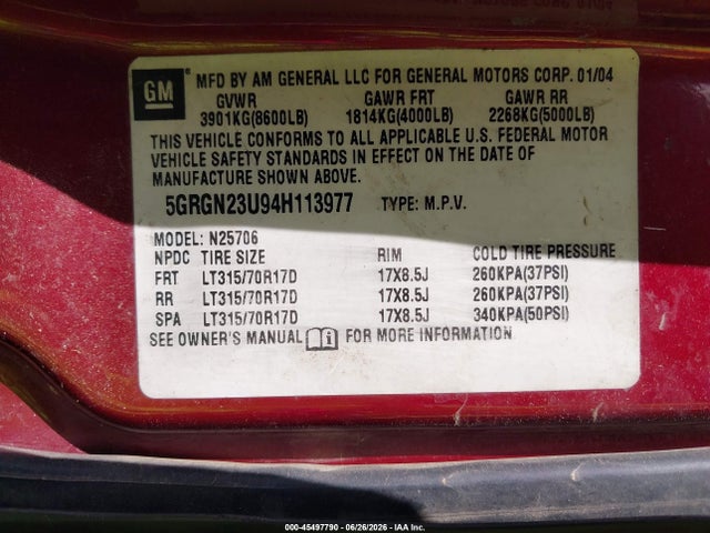 Aukcja sprzedaży 2004 Hummer H2, vin: 5GRGN23U94H113977, numer aukcji: 45497790