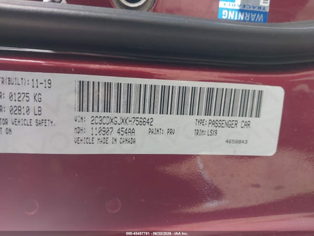 Auction sale of the 2019 Dodge Charger Scat Pack Rwd, vin: 2C3CDXGJXKH756642, lot number: 45497791