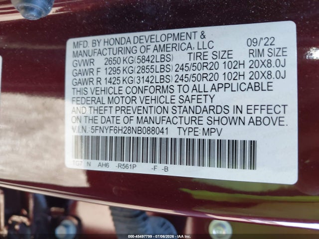 Honda Pilot Awd Special Edition 2022 5FNYF6H28NB088041 Image 9