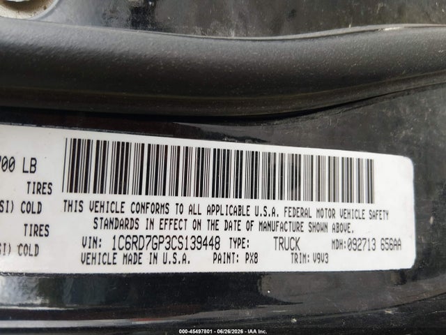45497801 :رقم المزاد ، 1C6RD7GP3CS139448 vin ، 2012 Ram 1500 Slt مزاد بيع