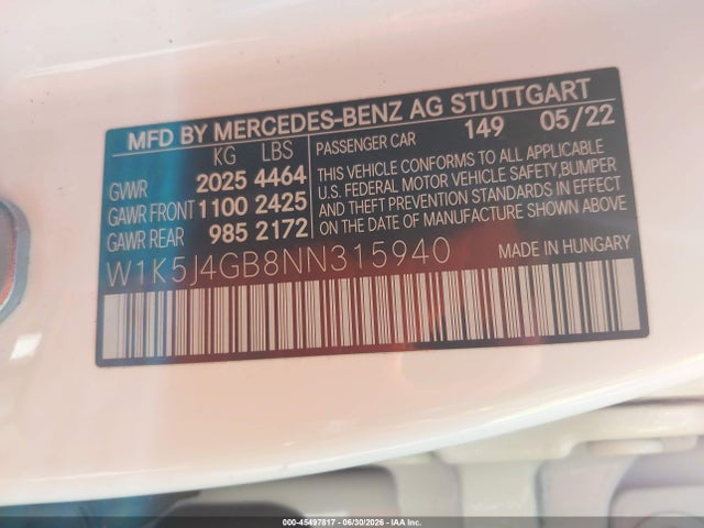 Продаж на аукціоні авто 2022 Mercedes-benz Cla 250, vin: W1K5J4GB8NN315940, номер лоту: 45497817