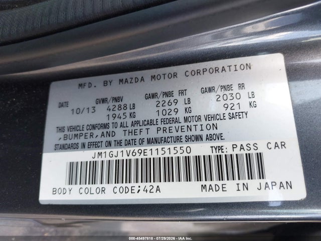 2014 Mazda Mazda6 I Touring მანქანა იყიდება აუქციონზე, vin: JM1GJ1V69E1151550, აუქციონის ნომერი: 45497818