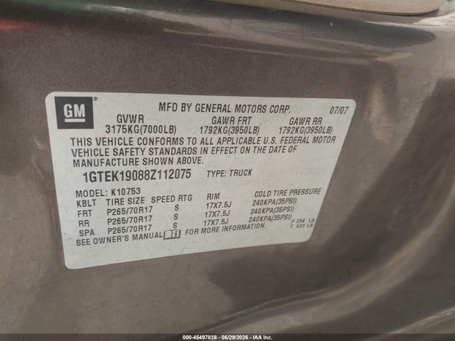 45497838 :رقم المزاد ، 1GTEK19088Z112075 vin ، 2008 Gmc Sierra 1500 Sle1 مزاد بيع
