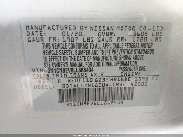 Продажа на аукционе авто 2020 Nissan Versa Sv Xtronic Cvt, vin: 3N1CN8EV6LL868404, номер лота: 45497869