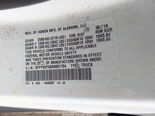45497880 :رقم المزاد ، 5FPYK2F68KB001784 vin ، 2019 Honda Ridgeline Rtl-t مزاد بيع