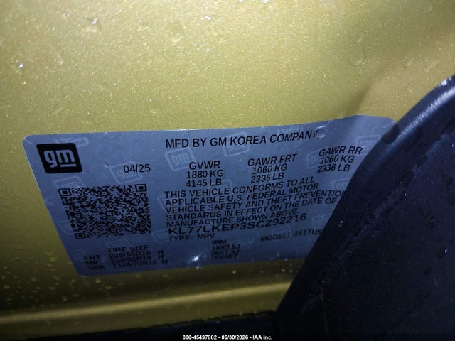 2025 Chevrolet Trax Fwd Activ მანქანა იყიდება აუქციონზე, vin: KL77LKEP3SC292216, აუქციონის ნომერი: 45497882