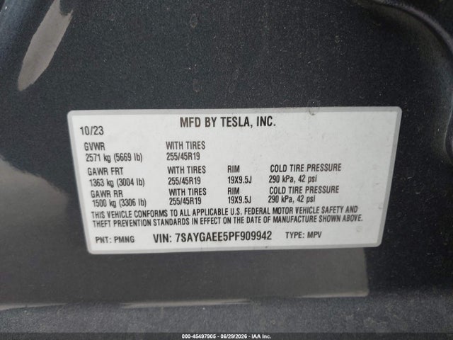 45497905 :رقم المزاد ، 7SAYGAEE5PF909942 vin ، 2023 Tesla Model Y Awd/long Range Dual Motor All-wheel Drive مزاد بيع