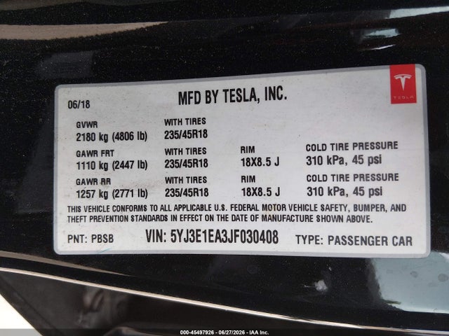 Tesla Model 3 Long Range/mid Range 2018 5YJ3E1EA3JF030408 Image 9