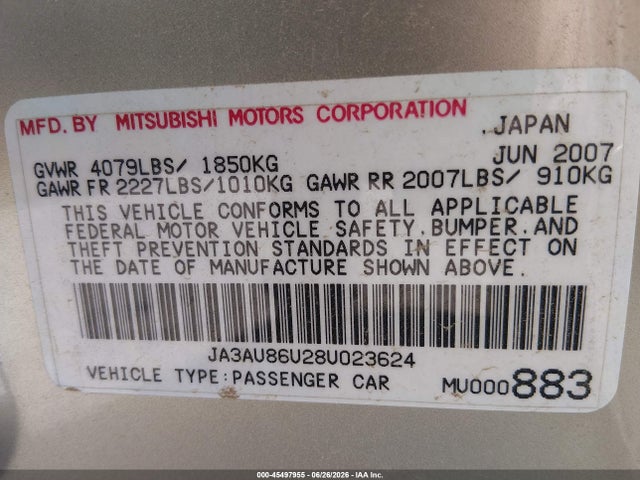 Auction sale of the 2008 Mitsubishi Lancer Gts, vin: JA3AU86U28U023624, lot number: 45497955