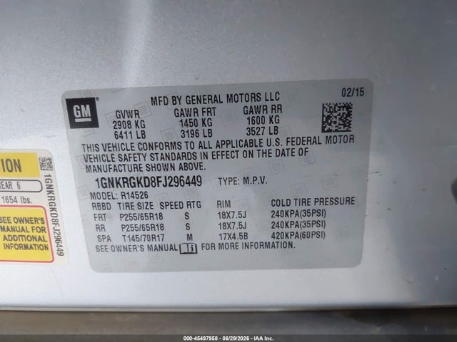 Chevrolet Traverse Lt 2015 1GNKRGKD8FJ296449 Image 9