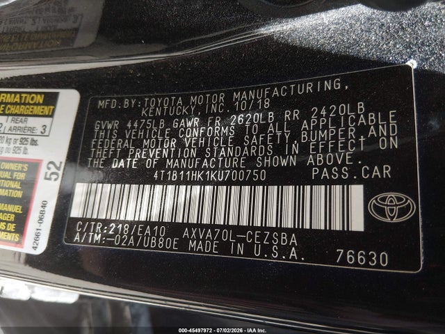 4T1B11HK1KU700750 Toyota CAMRY SE