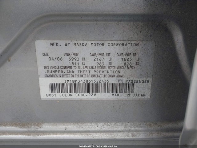 45497973 :رقم المزاد ، JM1BK343861522435 vin ، 2006 Mazda Mazda3 S Grand Touring مزاد بيع