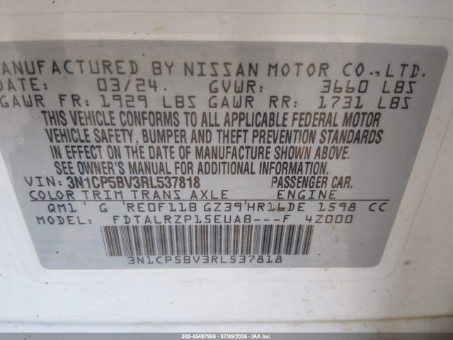 Aukcja sprzedaży 2024 Nissan Kicks S Xtronic Cvt, vin: 3N1CP5BV3RL537818, numer aukcji: 45497988