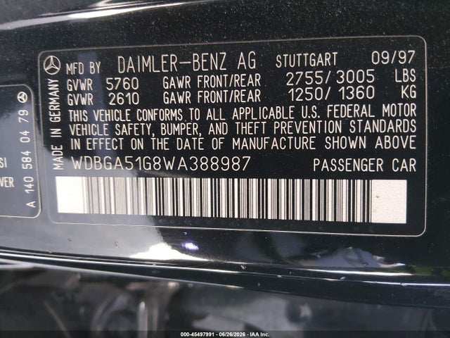 Aukcja sprzedaży 1998 Mercedes-benz S 500, vin: WDBGA51G8WA388987, numer aukcji: 45497991
