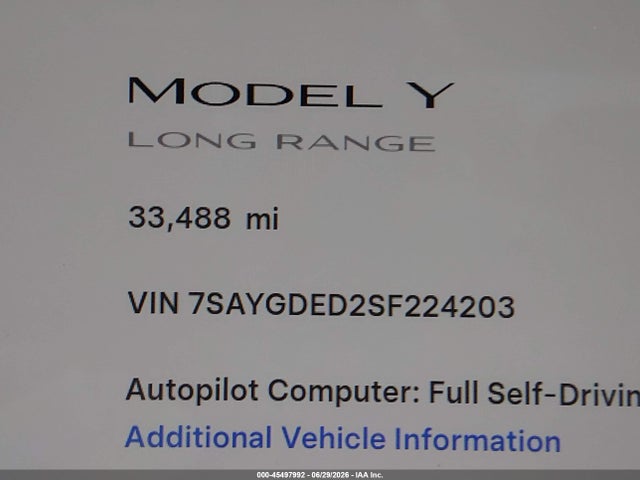 7SAYGDED2SF224203 Tesla Model Y Long Range Dual Motor Rear-wheel Drive
