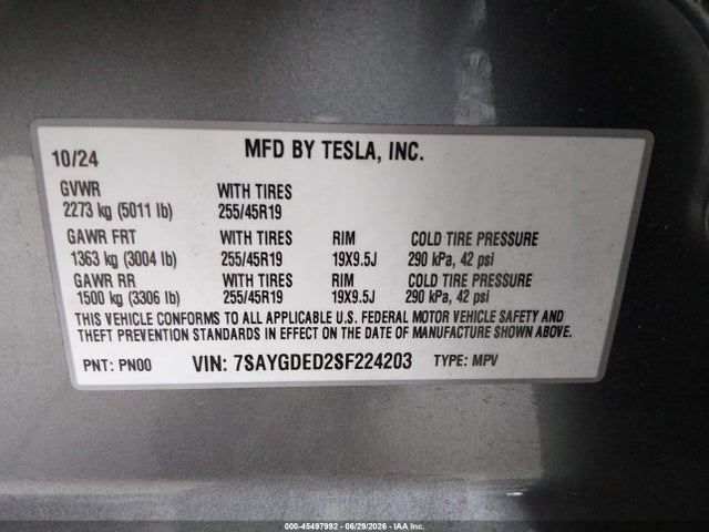 7SAYGDED2SF224203 Tesla Model Y Long Range Dual Motor Rear-wheel Drive