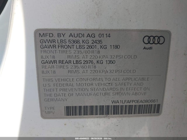 Продаж на аукціоні авто 2014 Audi Q5 2.0t Premium, vin: WA1LFAFP0EA080661, номер лоту: 45498022