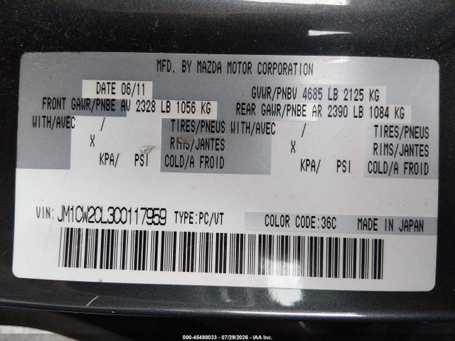 2012 Mazda Mazda5 Touring მანქანა იყიდება აუქციონზე, vin: JM1CW2CL3C0117959, აუქციონის ნომერი: 45498033