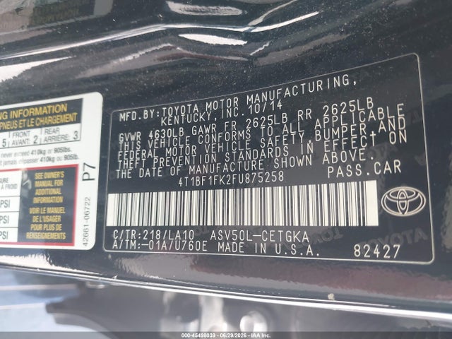 2015 Toyota Camry Xle მანქანა იყიდება აუქციონზე, vin: 4T1BF1FK2FU875258, აუქციონის ნომერი: 45498039