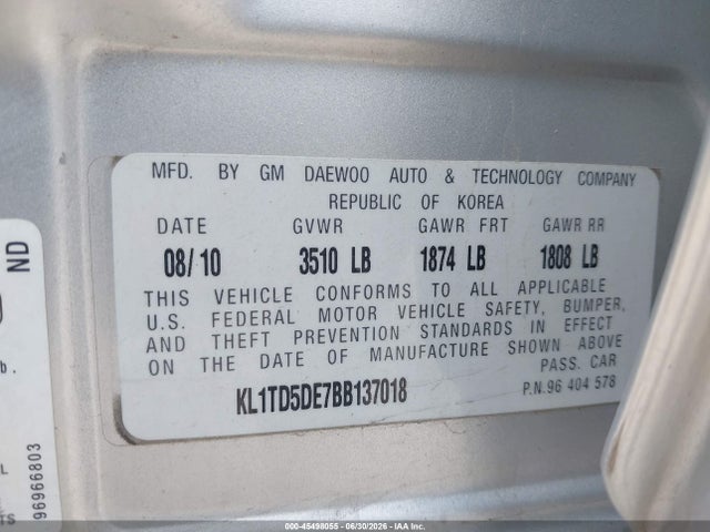 Продажа на аукционе авто 2011 Chevrolet Aveo Ls, vin: KL1TD5DE7BB137018, номер лота: 45498055