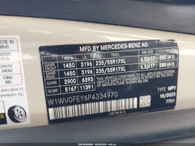 2023 Mercedes-benz Metris მანქანა იყიდება აუქციონზე, vin: W1WV0FEY6P4334970, აუქციონის ნომერი: 45498060