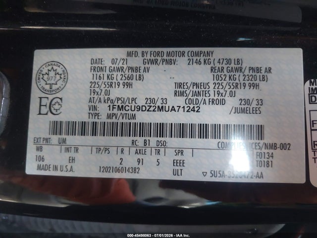 Ford Escape Titanium Hybrid 2021 1FMCU9DZ2MUA71242 Image 9