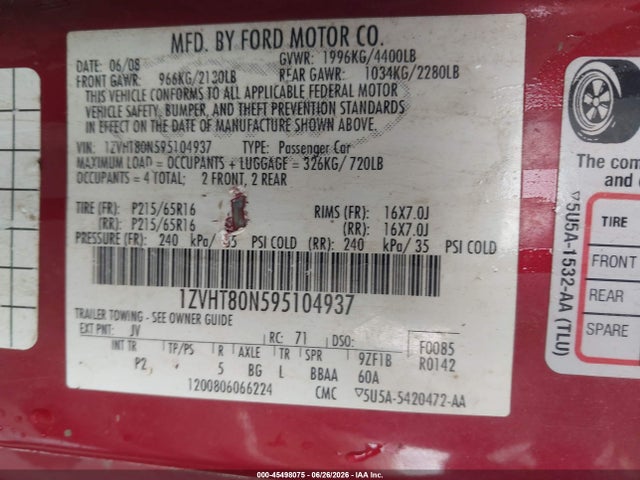 Auction sale of the 2009 Ford Mustang V6, vin: 1ZVHT80N595104937, lot number: 45498075