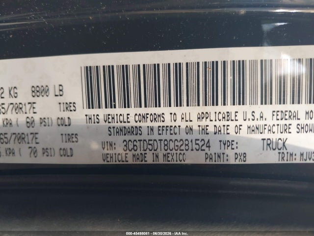 Продаж на аукціоні авто 2012 Ram 2500 Big Horn, vin: 3C6TD5DT8CG281524, номер лоту: 45498081