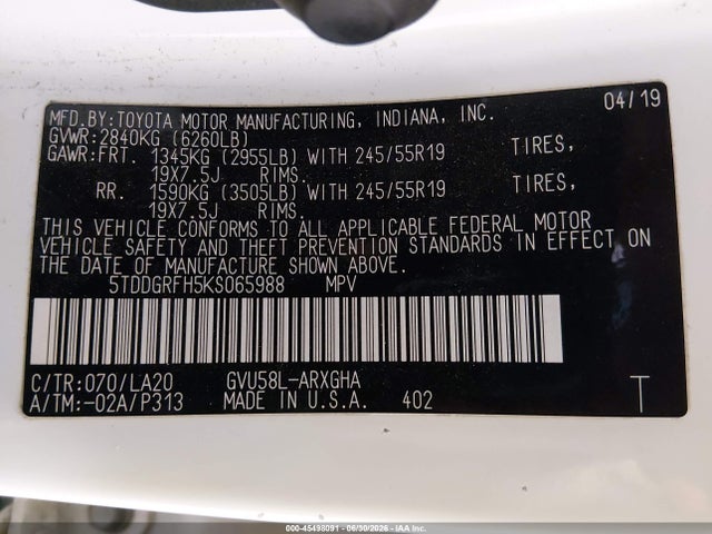 Продаж на аукціоні авто 2019 Toyota Highlander Hybrid Limited Platinum, vin: 5TDDGRFH5KS065988, номер лоту: 45498091
