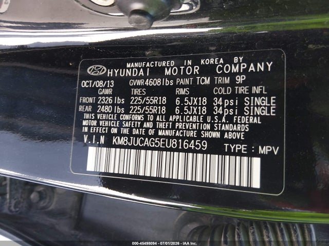 2014 Hyundai Tucson Limited მანქანა იყიდება აუქციონზე, vin: KM8JUCAG5EU816459, აუქციონის ნომერი: 45498094