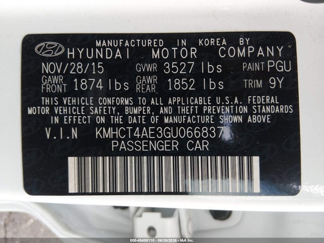 45498110 :رقم المزاد ، KMHCT4AE3GU066837 vin ، 2016 Hyundai Accent Se مزاد بيع