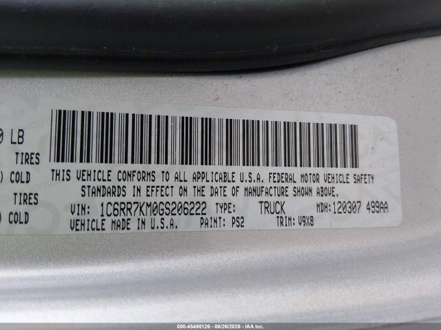 45498126 :رقم المزاد ، 1C6RR7KM0GS206222 vin ، 2016 Ram 1500 Tradesman مزاد بيع