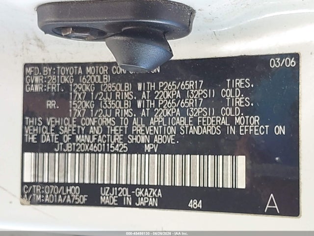 45498130 :رقم المزاد ، JTJBT20X460115425 vin ، 2006 Lexus Gx 470 مزاد بيع