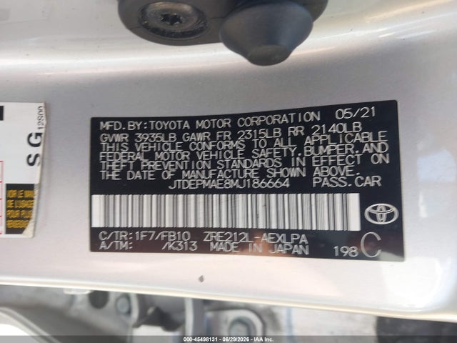 JTDEPMAE8MJ186664 Toyota COROLLA LE