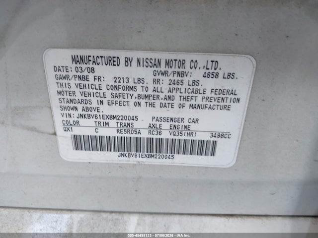 Продаж на аукціоні авто 2008 Infiniti G35, vin: JNKBV61EX8M220045, номер лоту: 45498133